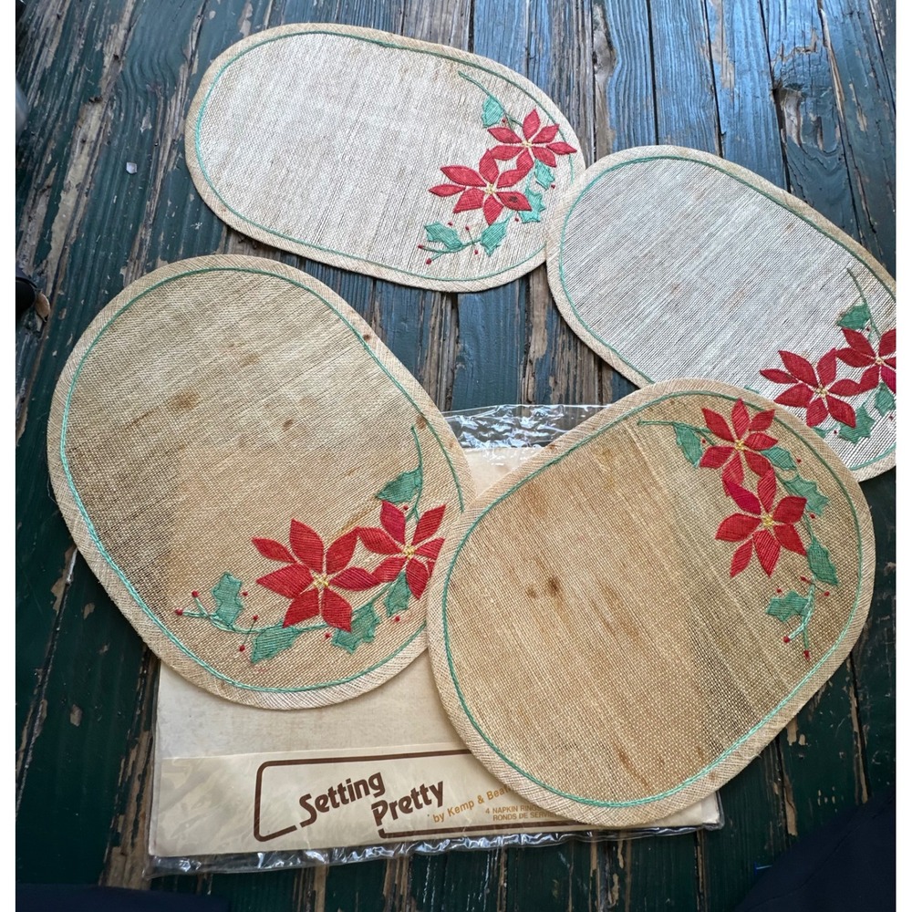 Vintage Setting Pretty Kemp & Beatley Poinsettia Woven Placemats Set of 4 Oval